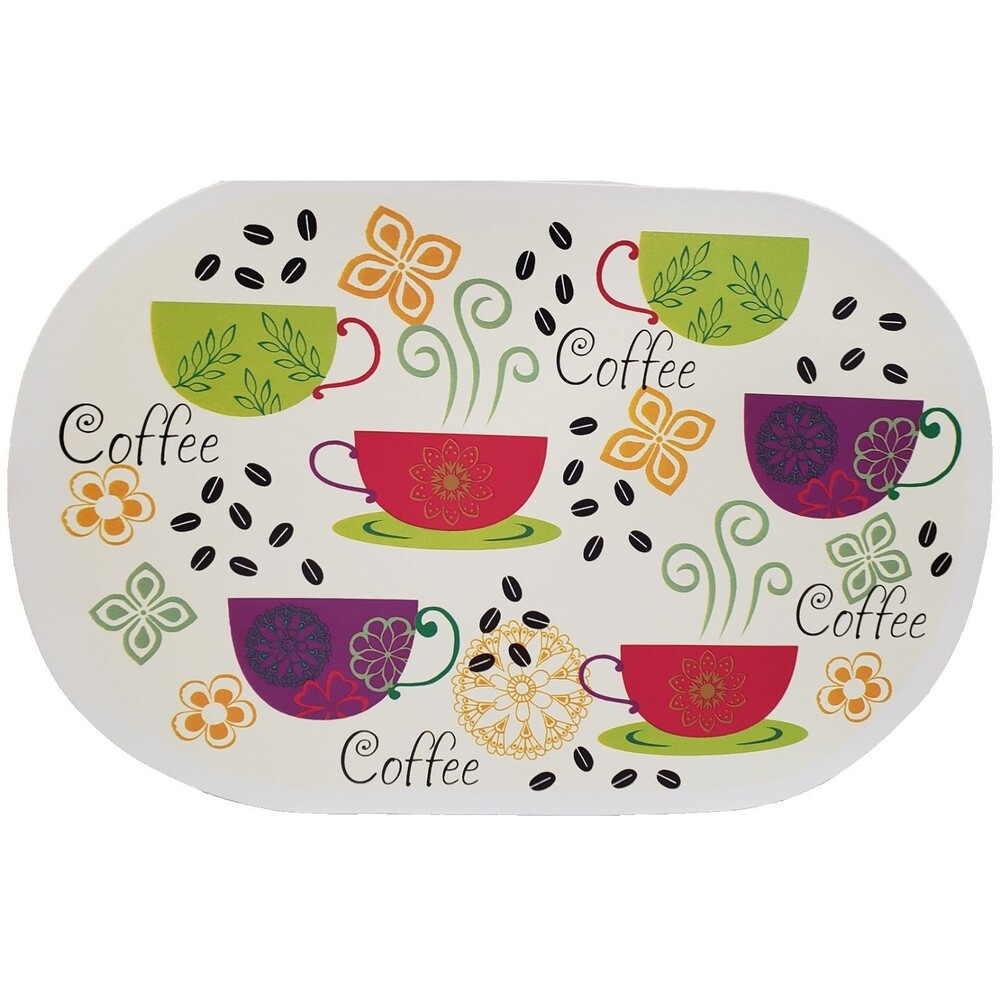 Set of 4 Same Kitchen Vinyl Non Clear Placemats(18"x12") COLORFUL COFFEE CUPS,BH
